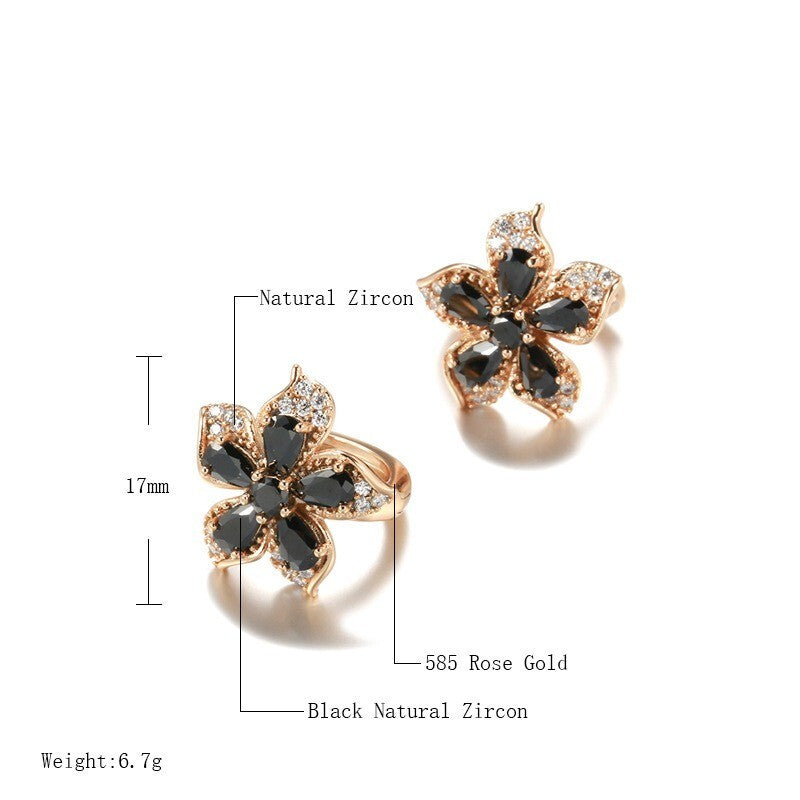Luxus Damen Ohrringe Creolen Blumen Schwarze Zirkon Kristal 585RG Roségold übe2