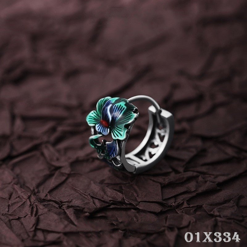 Herren Ohrringe Creole mit CloisonnéPfingstrosenmotiv, modisch und hochwertig,6