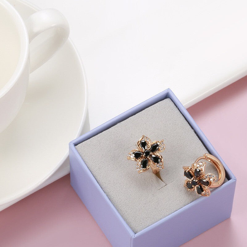 Luxus Damen Ohrringe Creolen Blumen Schwarze Zirkon Kristal 585RG Roségold übe7
