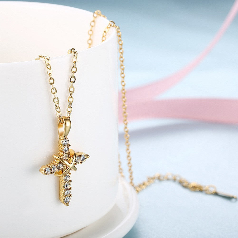 Luxus Damen Kette Kreuz Anhänger Weiß Kristall 18K Vergoldet Kette länge 45+5cm8