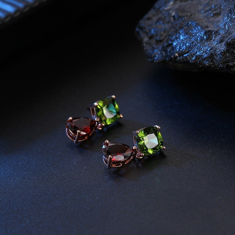 Eleganter Damen Ohrringe Ohrstecker Charm Grüner Peridot Roter Granat Rosé Gold1