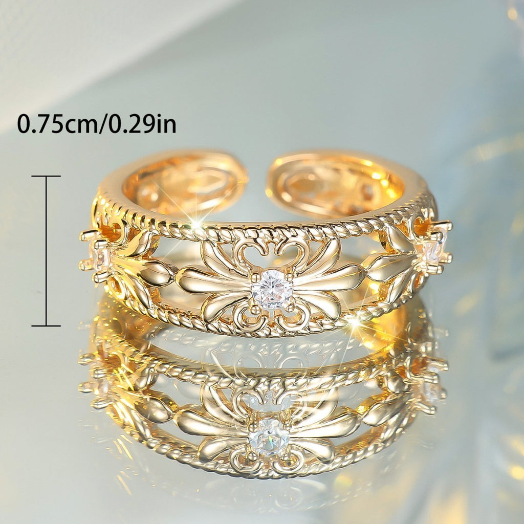 Damen Ring Imitations Gold weißer Diamant Zirkonia mit hohler Blütenknospe – sch3