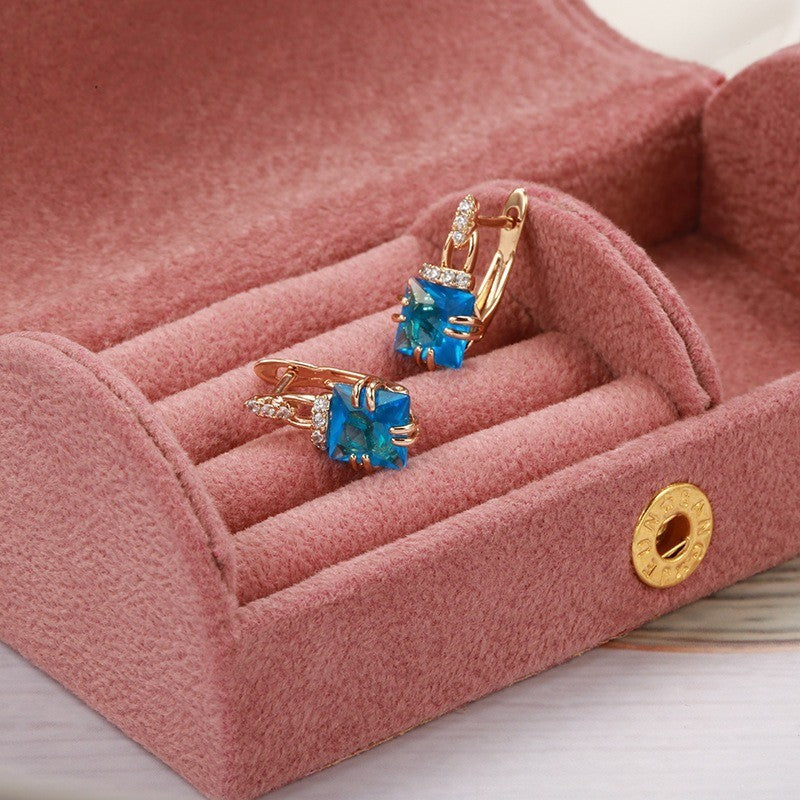 Luxus Damen Ohrringe 585RG Rosé Gold geometrische würfel blau zirkon ohr schnall4
