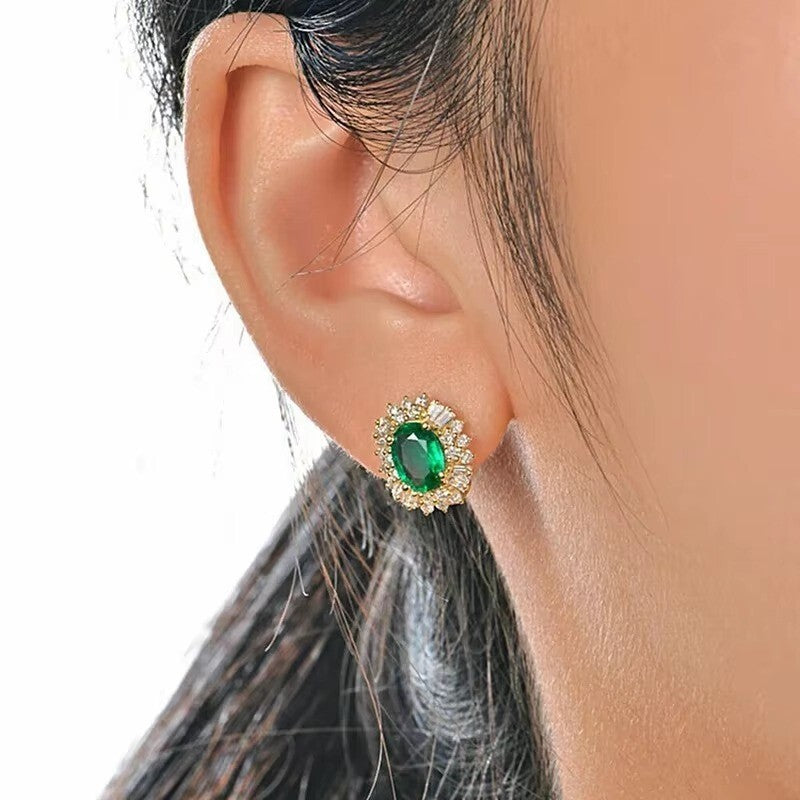 Luxus Ohrringe Creole mit BlumenDesign, oval, grüner Kristall Gold 18K vergold7
