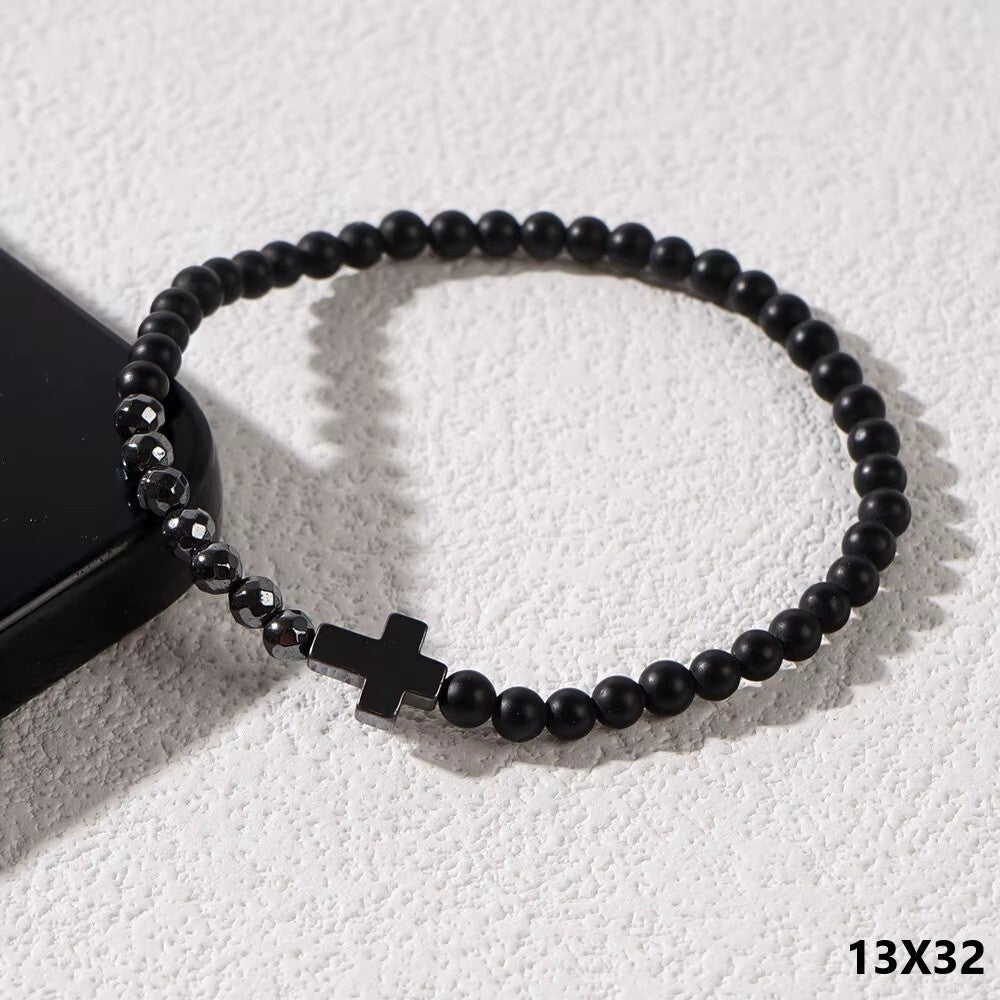 Armband Naturstein Achat  Kreuz Jesus Herren Damen Unisex Trend schwarz matt1