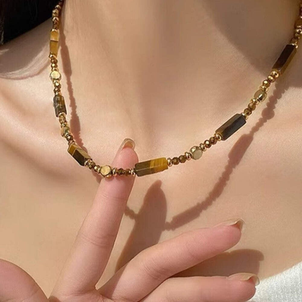Zweireihige Perlenkette mit Tigerauge Anhänger, elegante vergoldete Edelstahlhal5