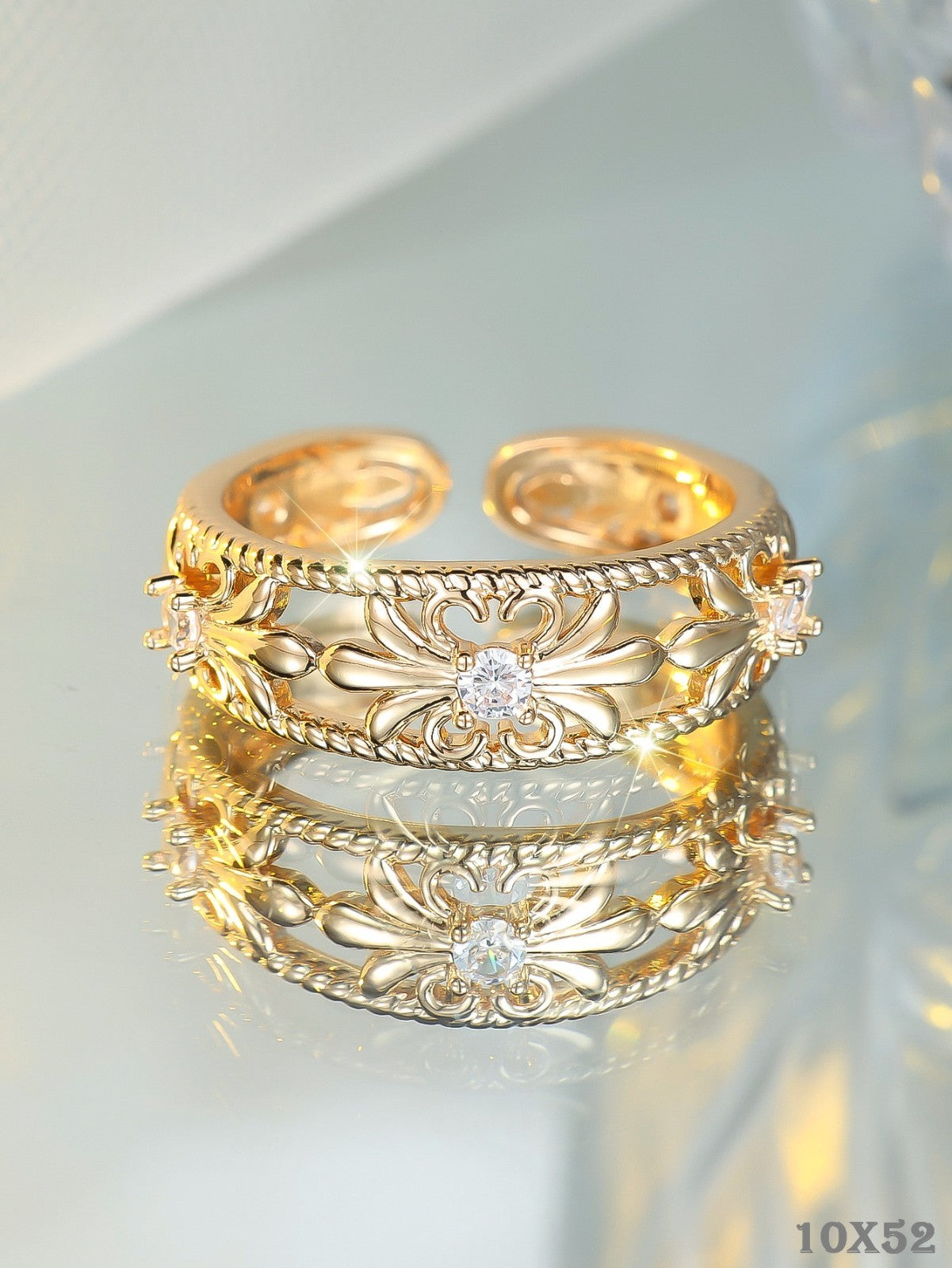 Damen Ring Imitations Gold weißer Diamant Zirkonia mit hohler Blütenknospe – sch7