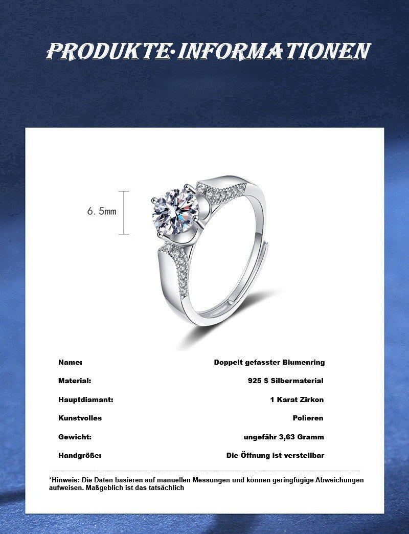 925 Sterlingsilber Damen Ring 1Karat Zirkon Doppelt gefasster Blumenring Geschen6