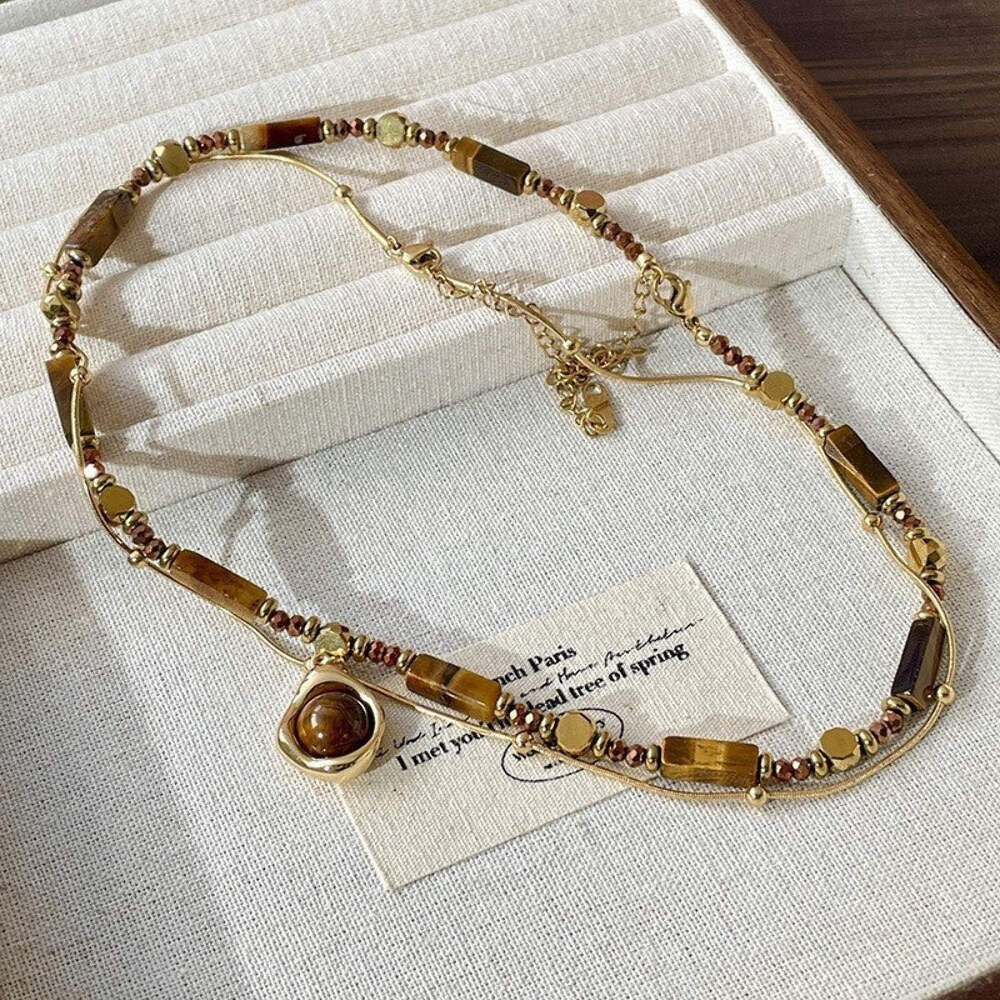 Zweireihige Perlenkette mit Tigerauge Anhänger, elegante vergoldete Edelstahlhal16