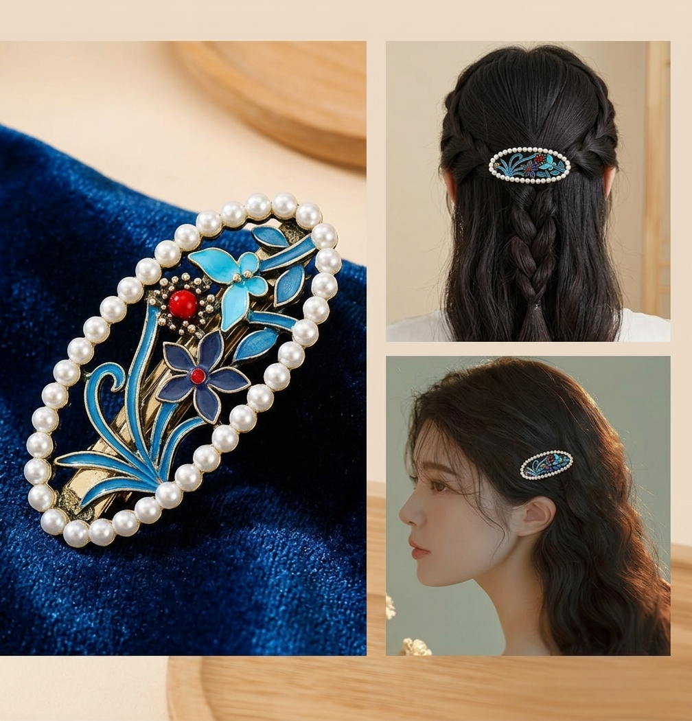 Hanfu Haarklammer Blau Perlen Emaille Retro  Haarschmuck Frühlingsstil Damen0