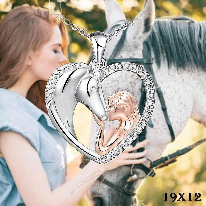 Halskette 925S Silber Pferde motiv. Zweifarbiger Anhänger  Mädchen mit Pferde0