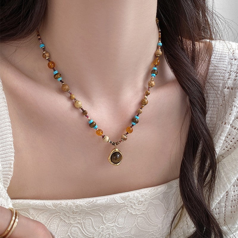 Halskette aus Titanstahl Tigerauge aus Naturstein für Damen, exklusives Design3