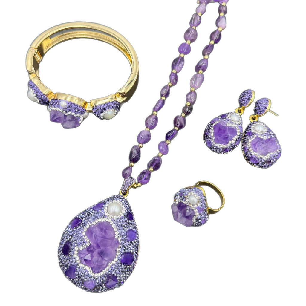 Natürliche rohe AmethystSetHalskette,Ohrringe,Ring Tschechischer Crystal4