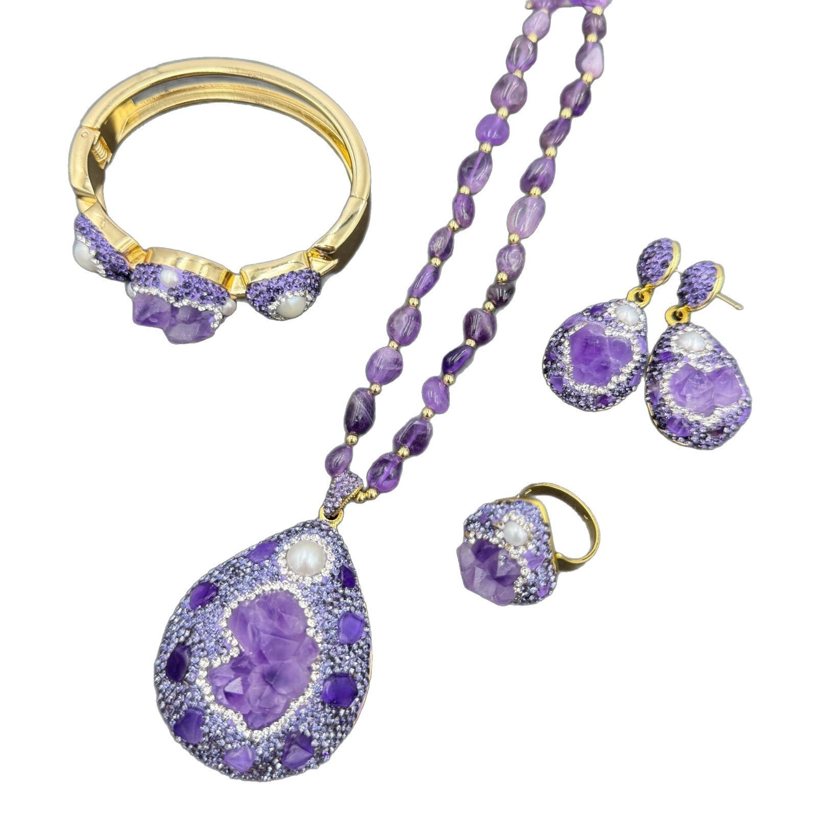 Natürliche rohe AmethystSetHalskette,Ohrringe,Ring Tschechischer Crystal4