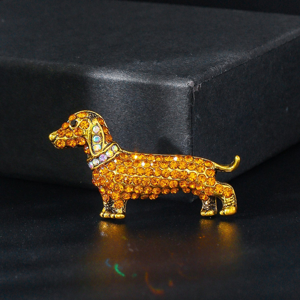 Brosche Dackel Wiener Hund Goldbraune Kristalle auf Gold Farben Modische Schmuck6