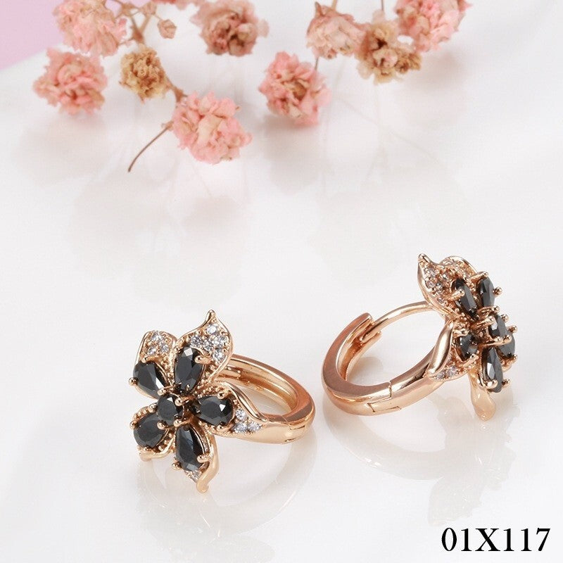 Luxus Damen Ohrringe Creolen Blumen Schwarze Zirkon Kristal 585RG Roségold übe0
