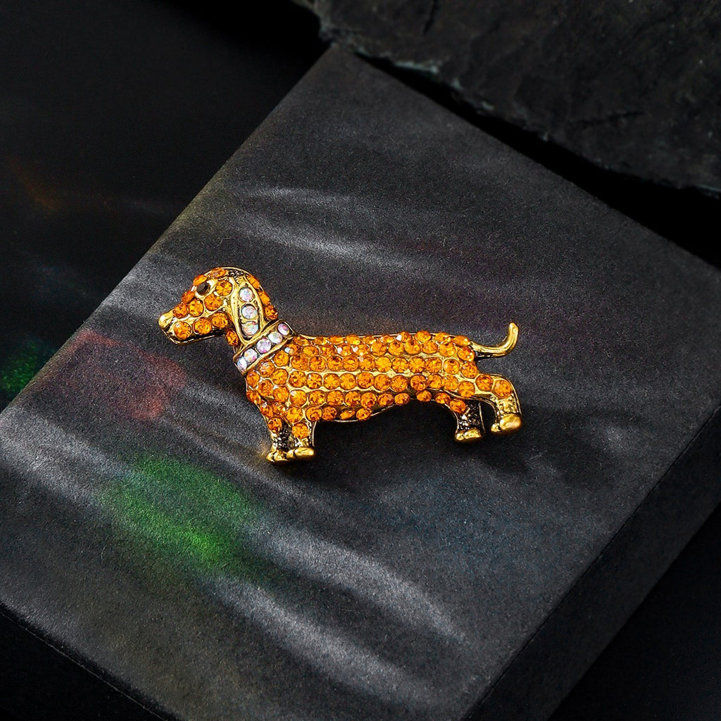 Brosche Dackel Wiener Hund Goldbraune Kristalle auf Gold Farben Modische Schmuck5