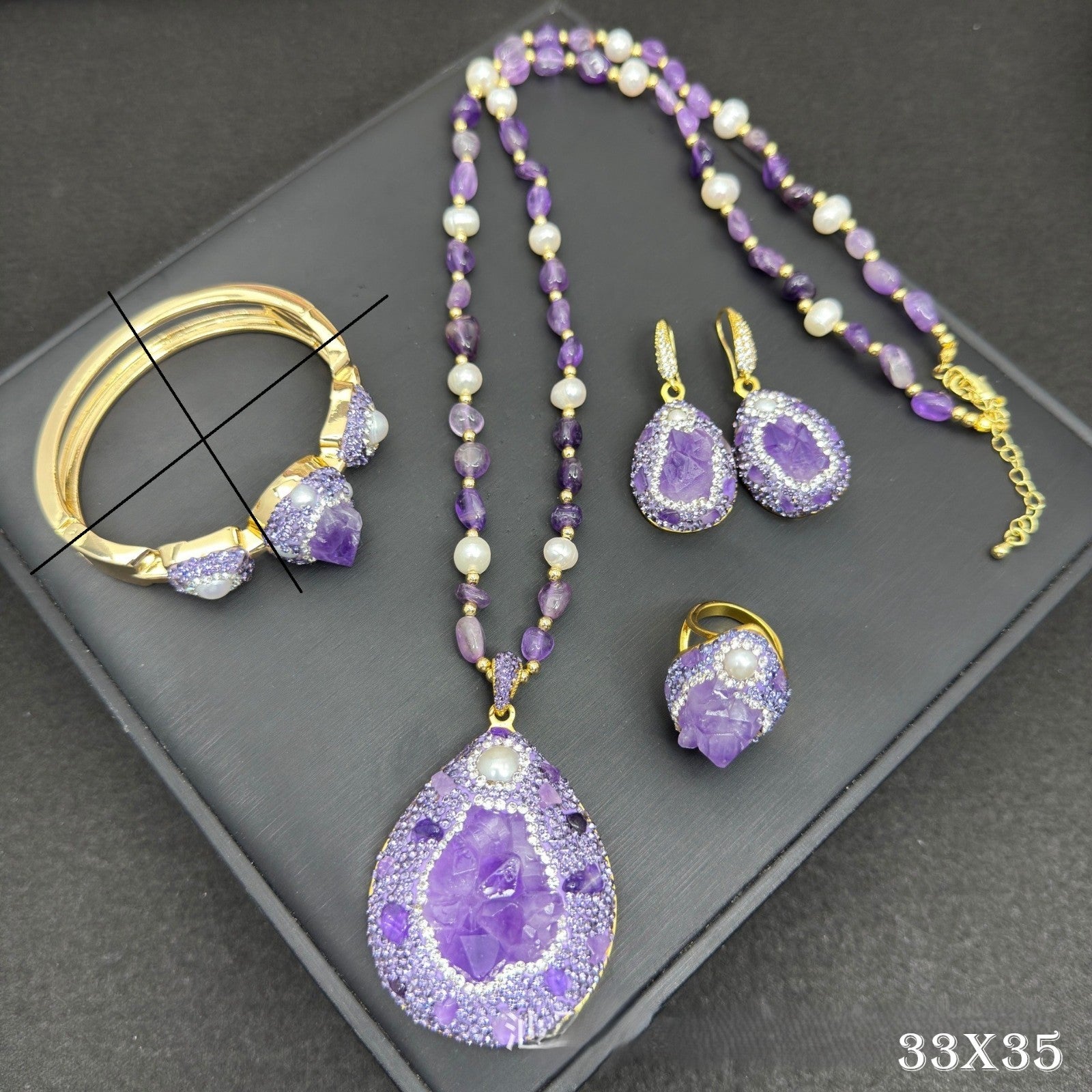 Natürliche rohe AmethystSetHalskette,Ohrringe,Ring Tschechischer Crystal0