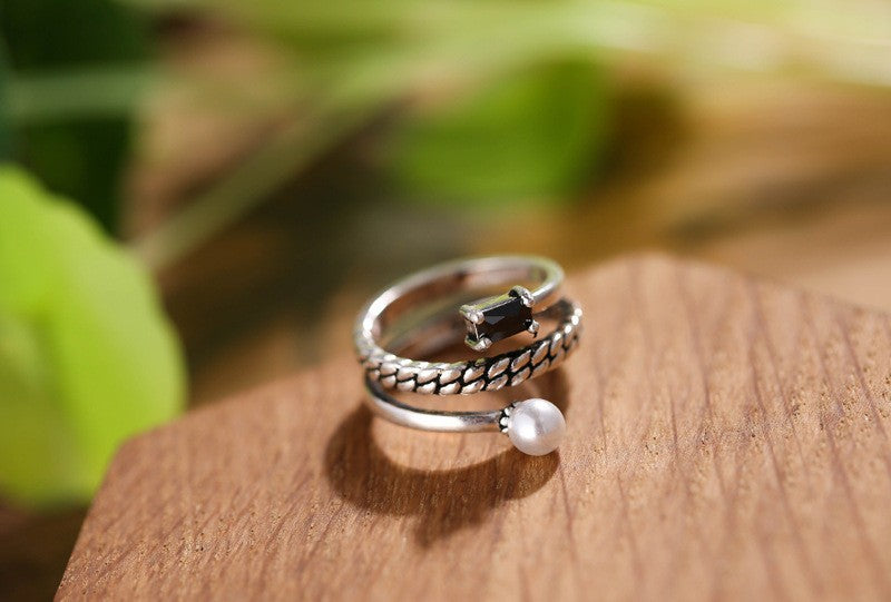 Damen S925 SterlingsilberÖffnungsring, mehrlagiger, diamantbesetzter RetroRin3