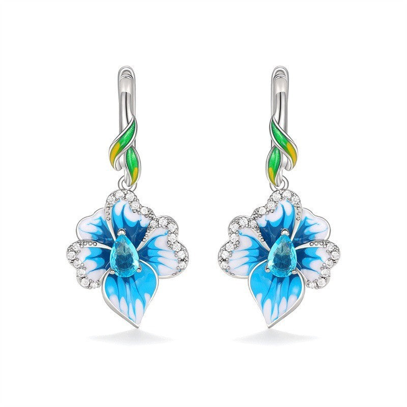 BlumenOhrringe Blau AAA Zirkon für Damen White Gold lange Ohrringe für Frauen m3