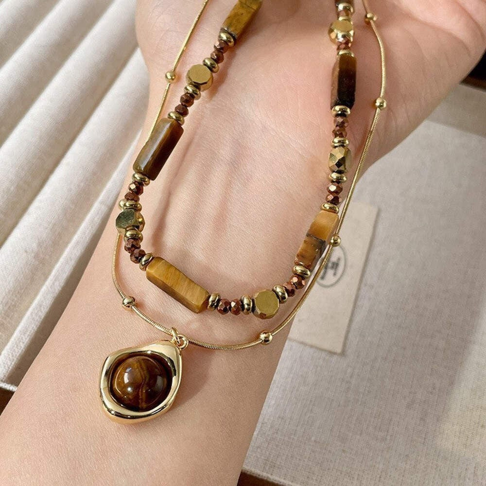 Zweireihige Perlenkette mit Tigerauge Anhänger, elegante vergoldete Edelstahlhal8