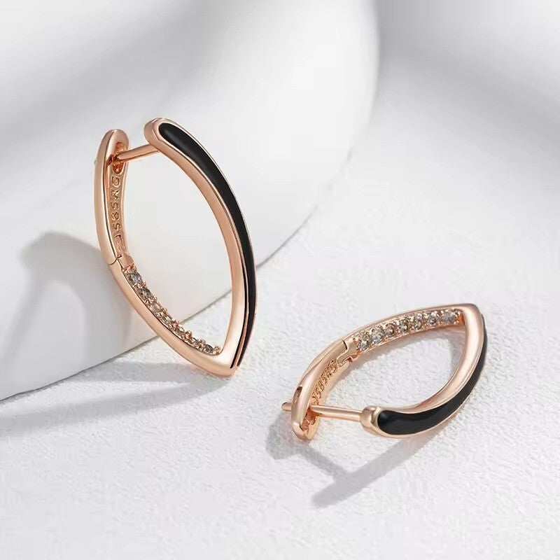 Luxus Damen Ohrringe Creole 585 Rose Gold Farbe Schwarz Emaille Tropfen Ohrring3