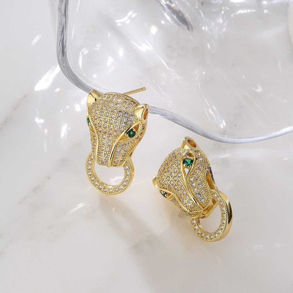 Schöne Damen Ohrringe Ohrstecker 18 Karat GoldLeopardenkopfZirkonOhrringe3