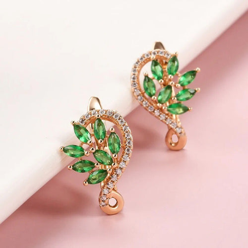 Ohrringe Schmetterling Feder Blume Creolen 18K Gold Damen Grün Zirkonia Steine1