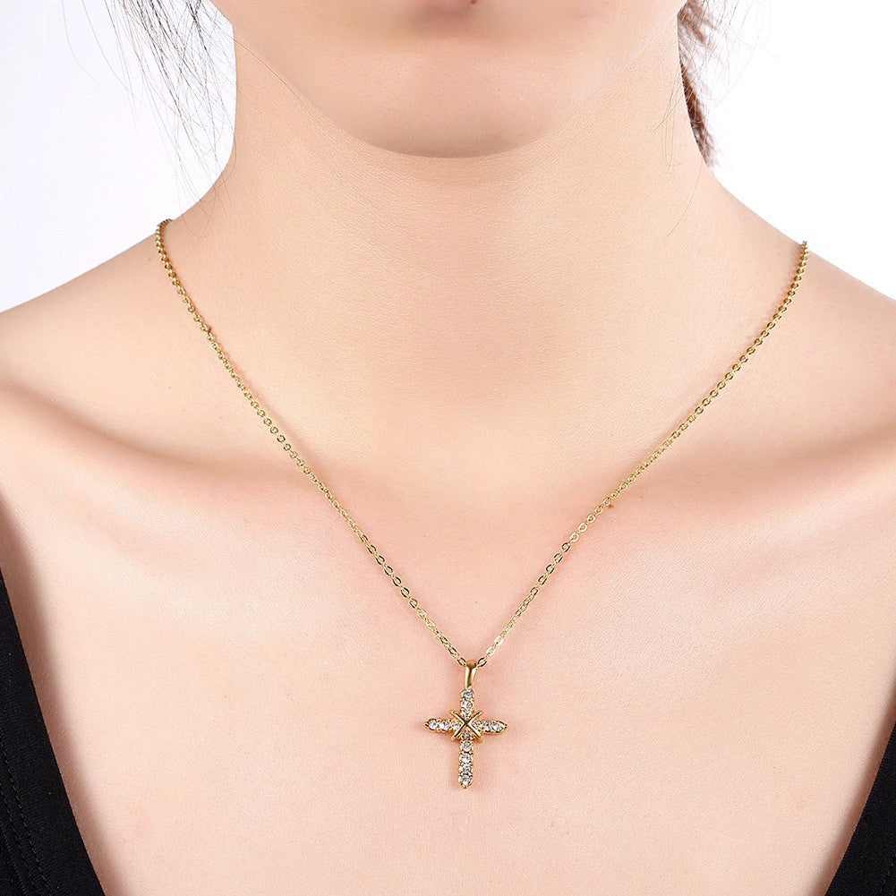 Luxus Damen Kette Kreuz Anhänger Weiß Kristall 18K Vergoldet Kette länge 45+5cm2
