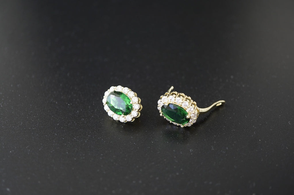 Luxus Ohrringe Creole mit BlumenDesign, oval, grüner Kristall Gold 14K vergold2
