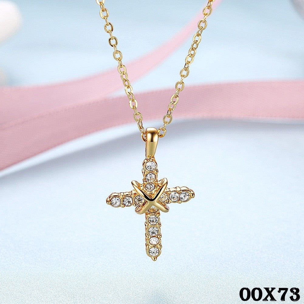 Luxus Damen Kette Kreuz Anhänger Weiß Kristall 18K Vergoldet Kette länge 45+5cm0