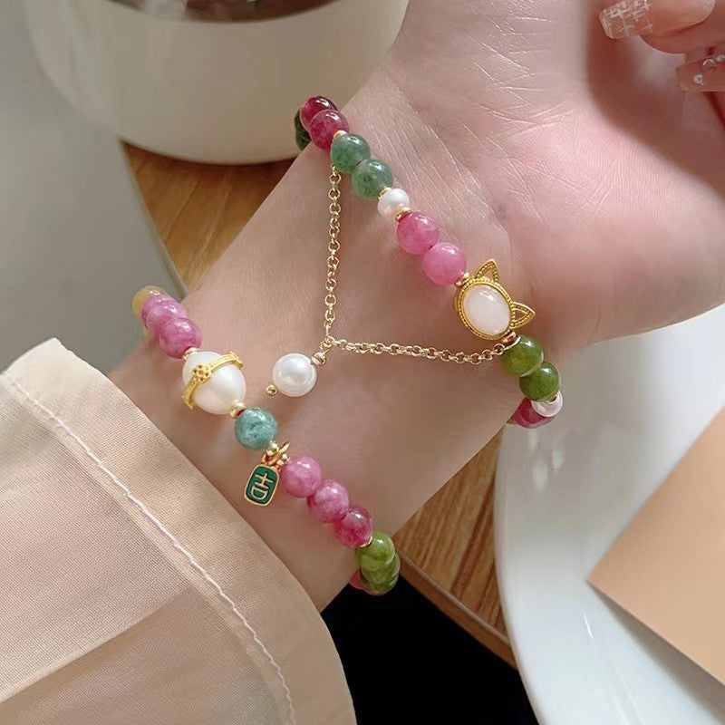 Damen Armband Natürliche Süßwasser Perle Turmalin Armband nette katze natürlich7