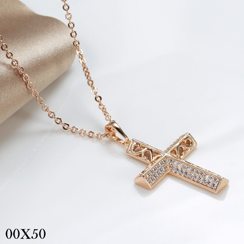 Luxus Kreuz Halskette mit Anhänger 585er Rosé Gold Walzgold Natürlicher Zirkon0