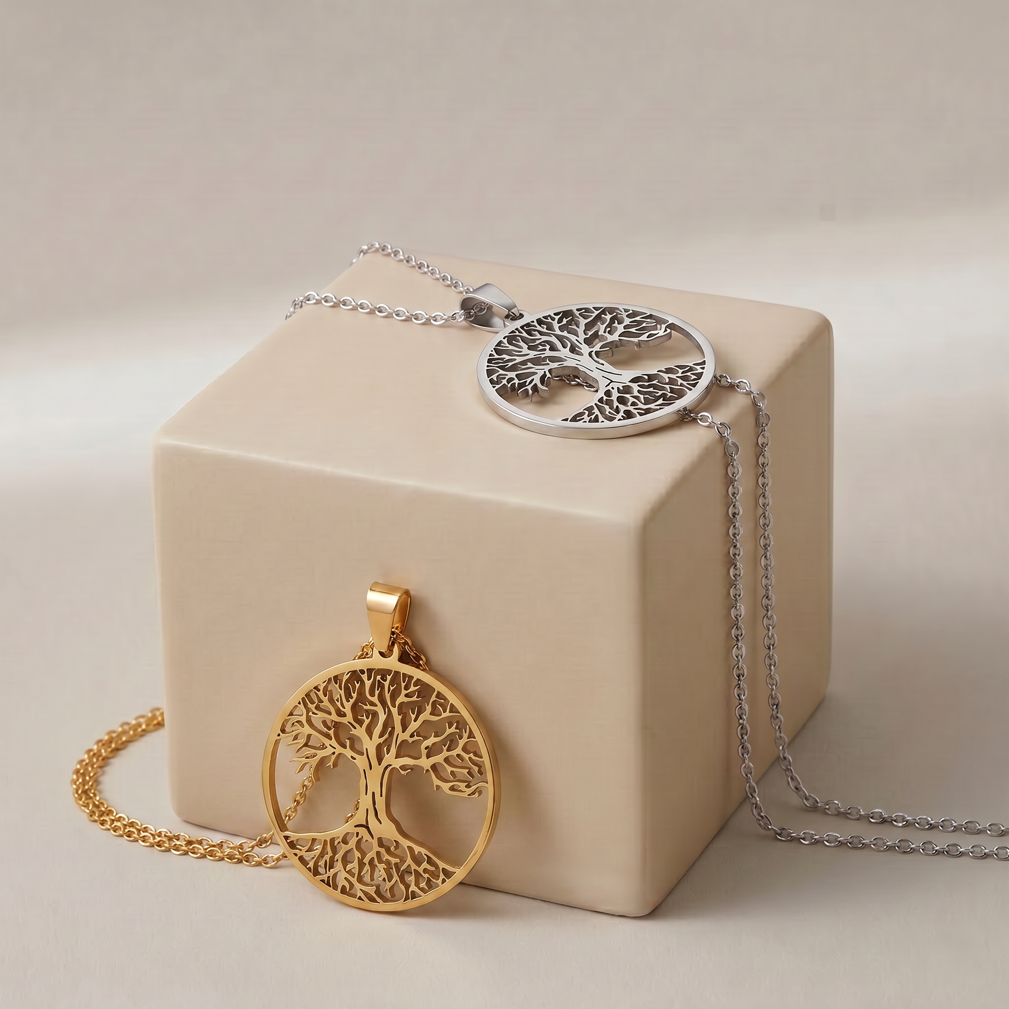 Lebensbaum Halskette Gold und Silber Edelstahl beide Varianten Vergleich