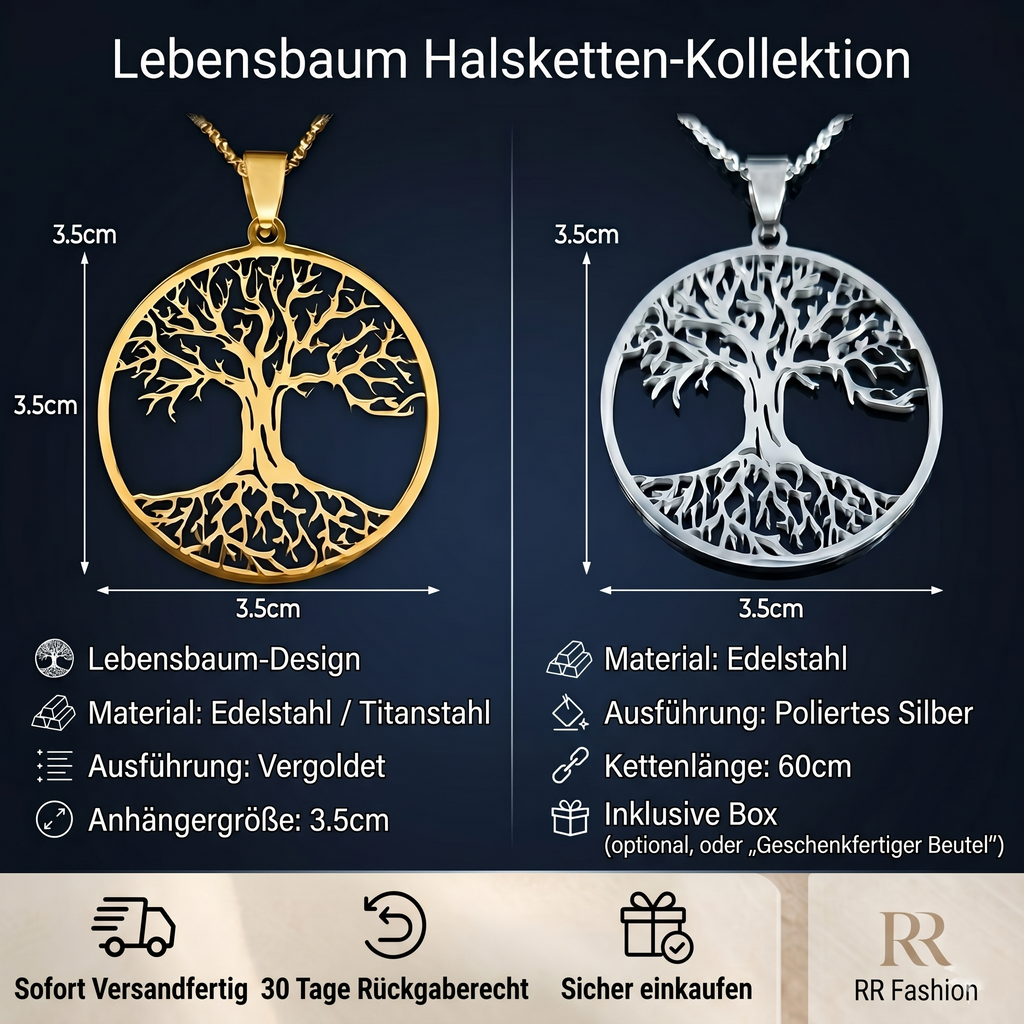 Lebensbaum Halskette Maße 35mm Anhänger 60cm Kette Edelstahl vergoldet RR Fashion