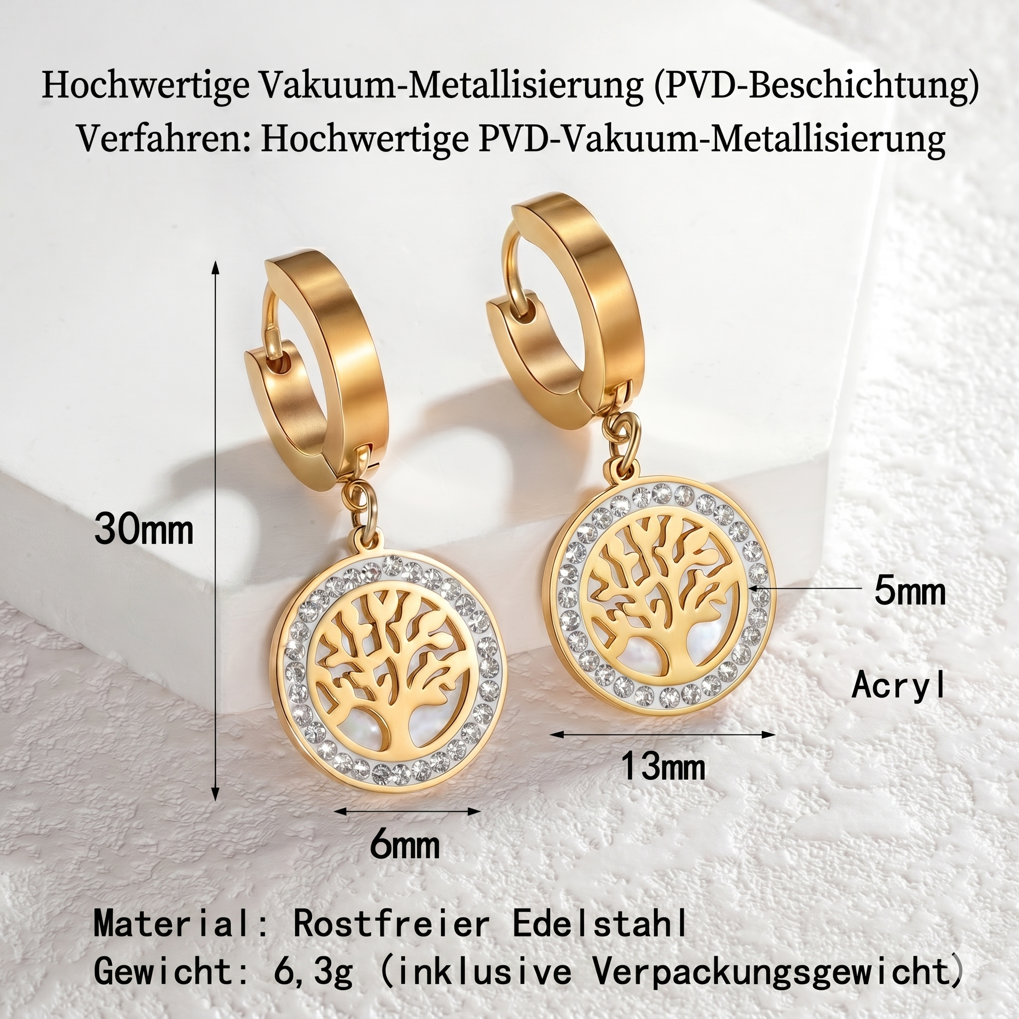Ohrhänger Maße 30mm Edelstahl 316L PVD vergoldet nickelfrei wasserfest Titanstahl