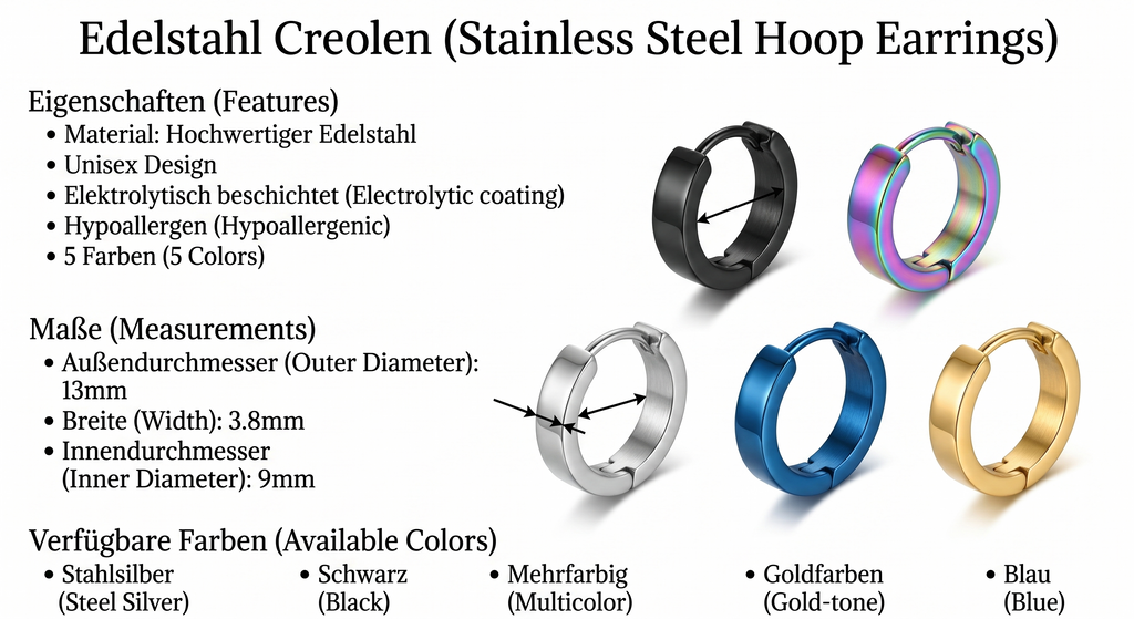 Creolen Maße Außendurchmesser 13mm Innen 9mm Breite 3.8mm Edelstahl