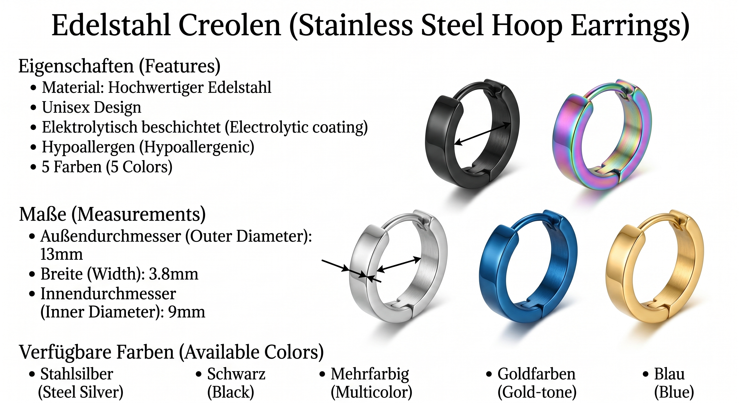 Creolen Maße Außendurchmesser 13mm Innen 9mm Breite 3.8mm Edelstahl