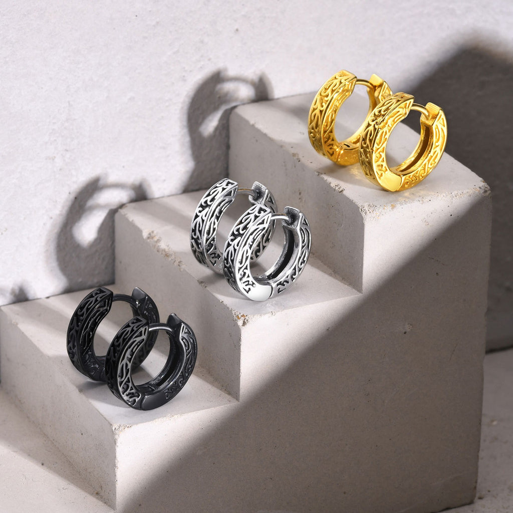 Gemusterter Ohrring Huggie-Creole aus Edelstahl für Herren Damen Retro-Hip-Hop-Stil