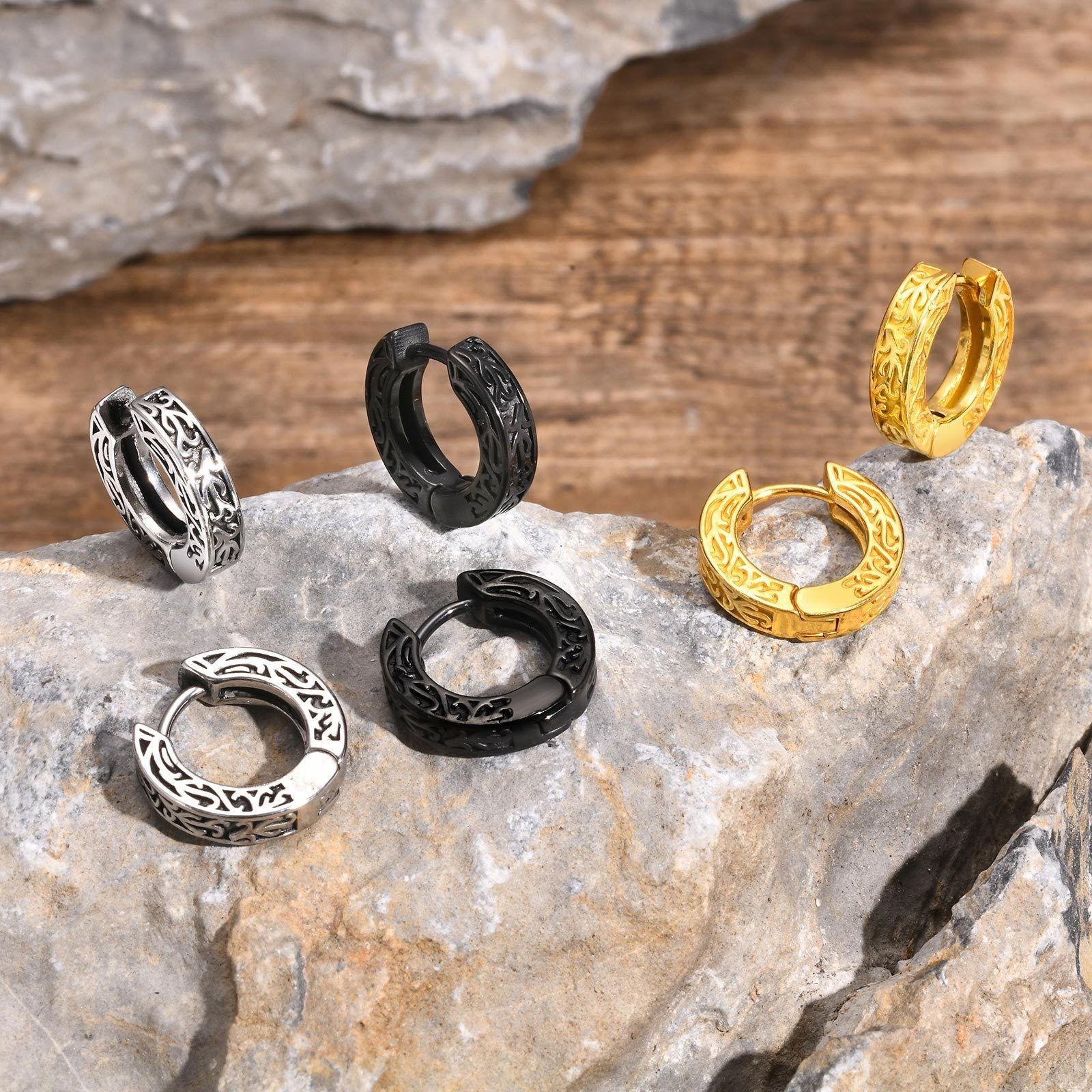 Gemusterter Ohrring Huggie-Creole aus Edelstahl für Herren Damen Retro-Hip-Hop-Stil