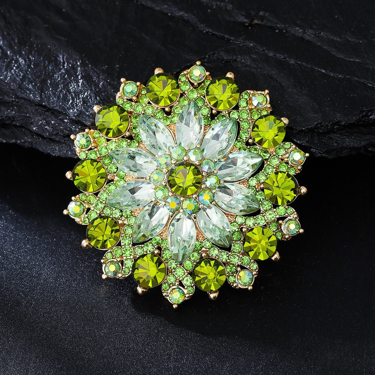 Grüne Kristall Sonnenblumen Brosche, Luxuriöse, stilvolles Accessoire für Anzug